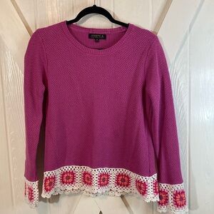 Joseph A Granny Square Sweater Multicolor Crochet Trim Pink Crew Neck